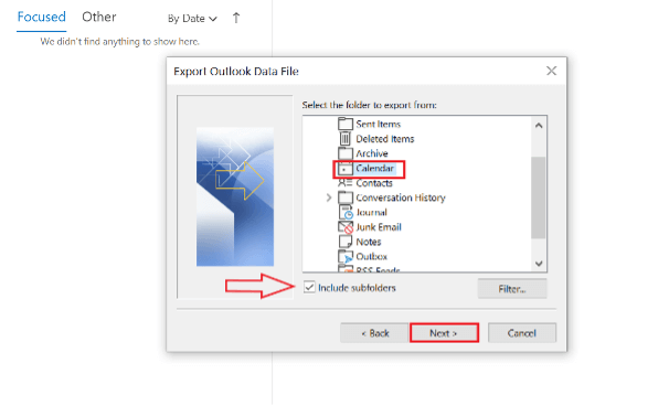 Outlook Import and Export Wizard: selection of data for export Outlook Import and Export Wizard: selection of data for export