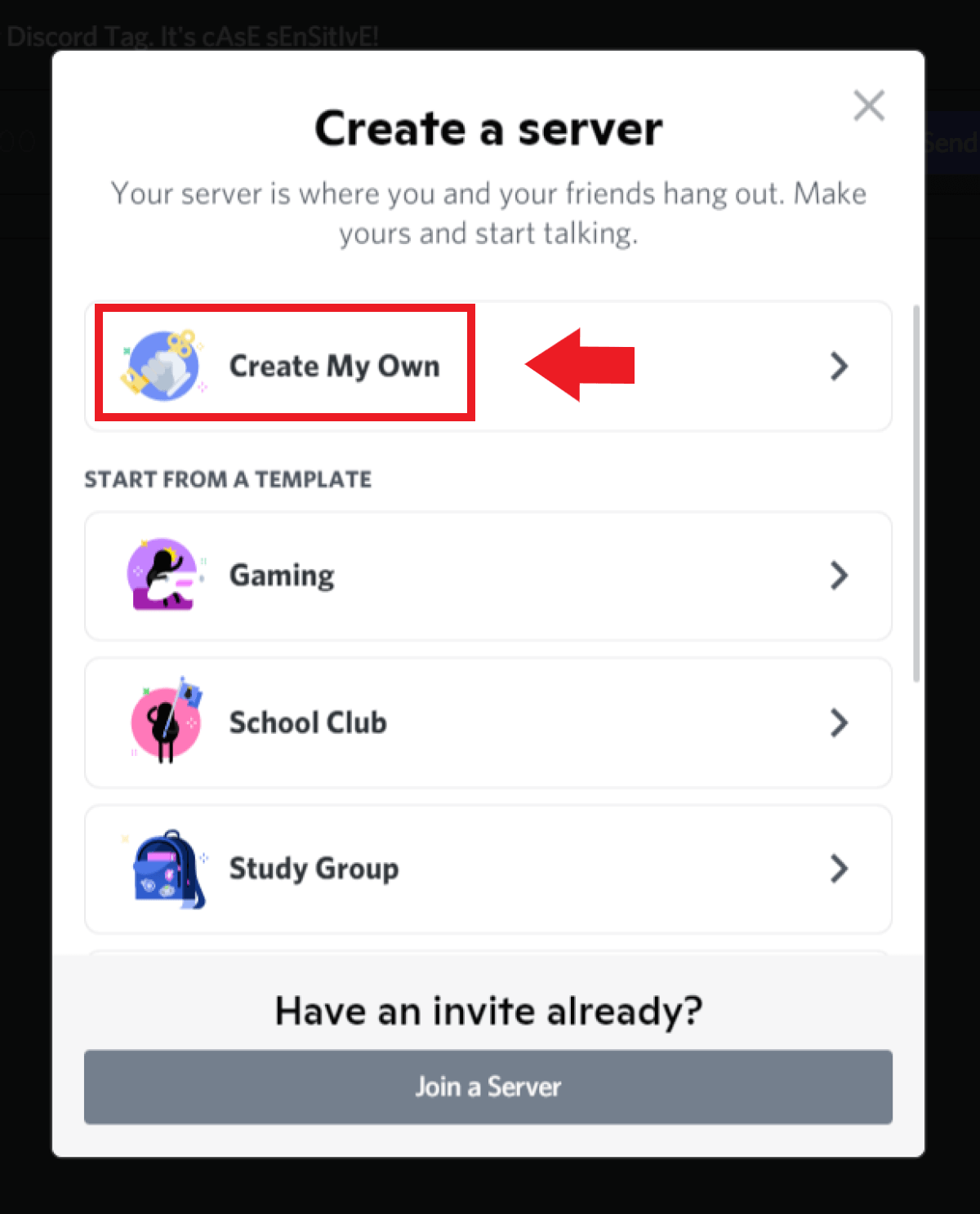 Click on ‘Create a server’ in the window that opens