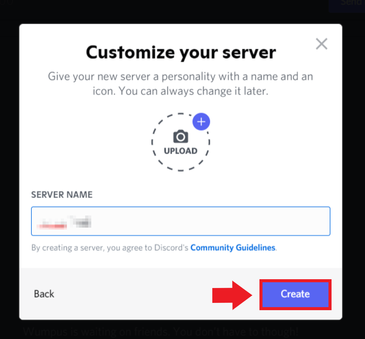 Enter the server name in the server menu and click on ‘Create’