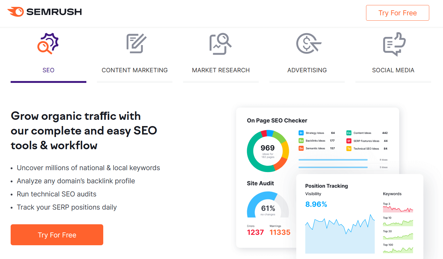 Homepage of Semrush with feature presentation