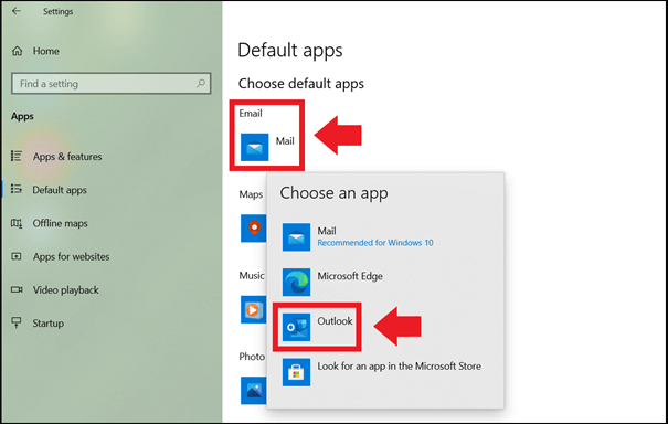 how to set outlook as default mail app in windows 10