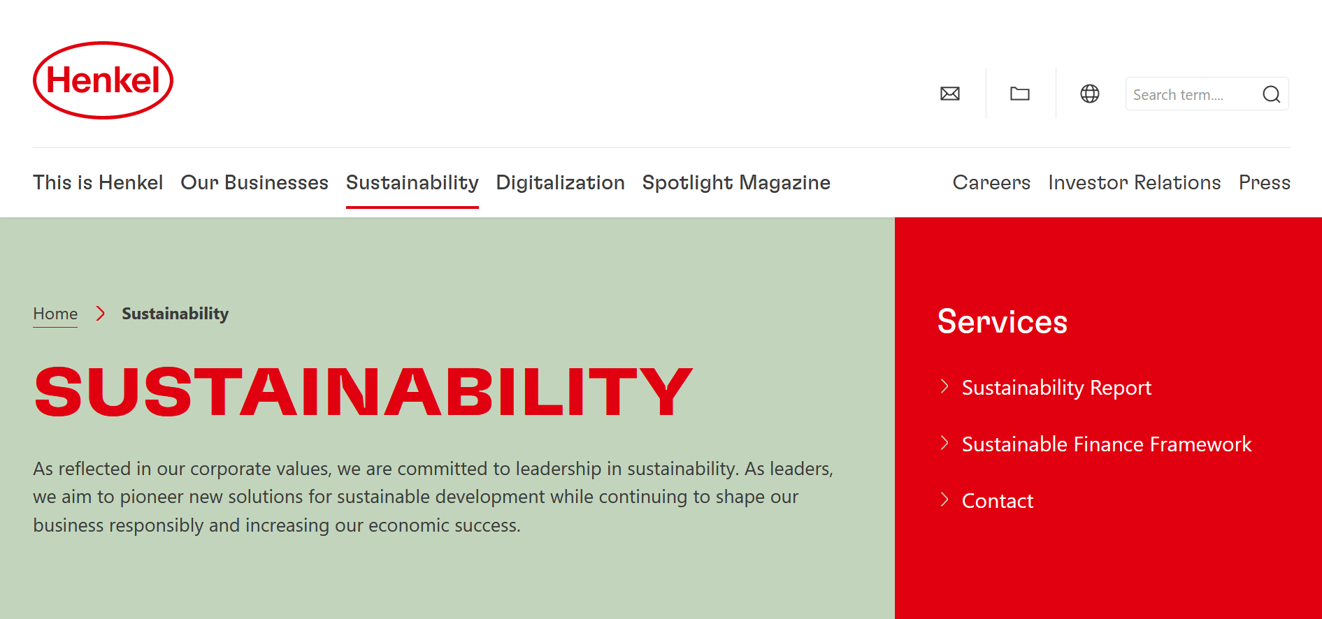 Screenshot of Henkel website: The ‘Sustainability’ section