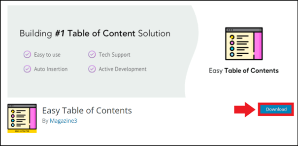 Download page for the ‘Easy Table of Contents’ plugin
