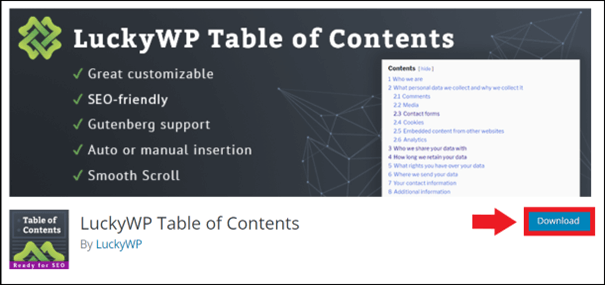 Download page for the ‘LuckyWP Table of Contents’ plugin