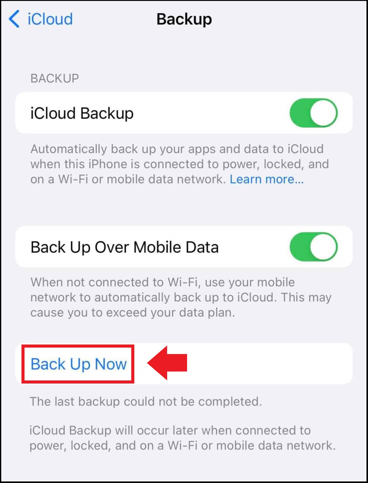 The iPhone backup feature can be activated by selecting Back Up Now