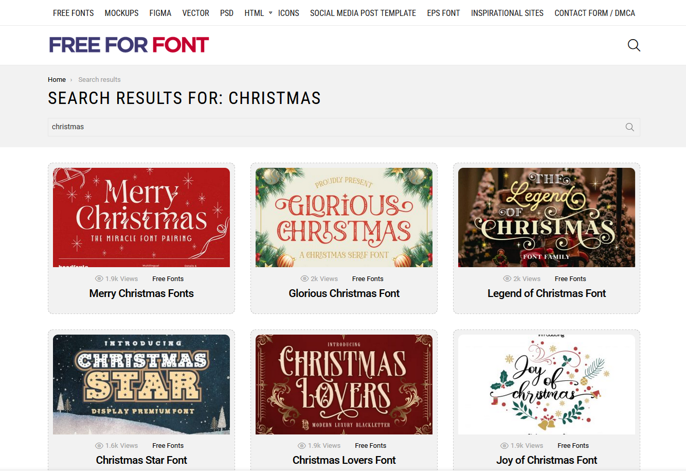 Screenshot of the search results for “Christmas” on the Free for Fonts website