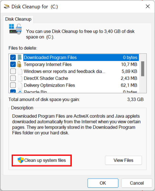 Disk cleanup for the C drive