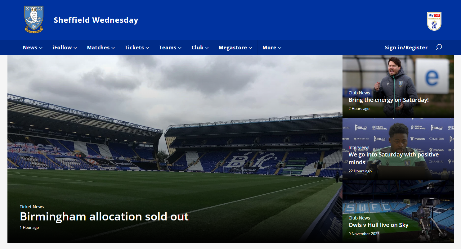 Screenshot of Sheffield Wednesday’s website