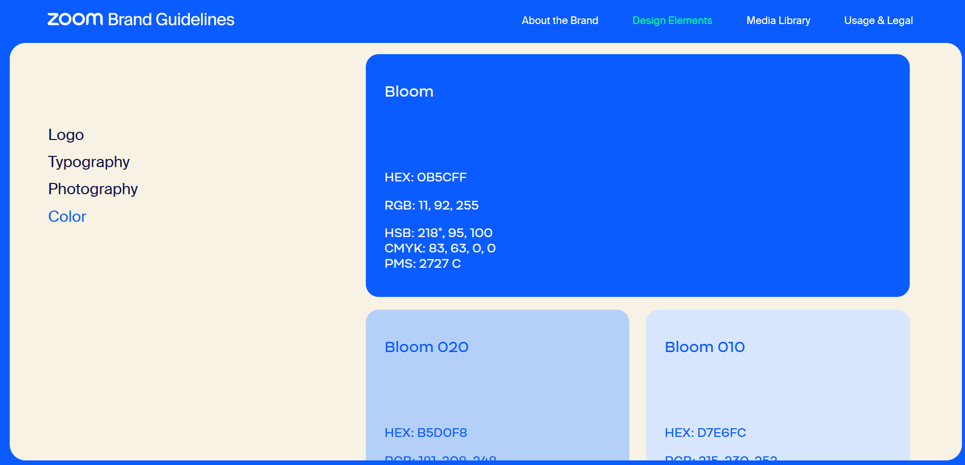 Screenshot of Zoom’s colour palette in the video communication platform’s style guide.