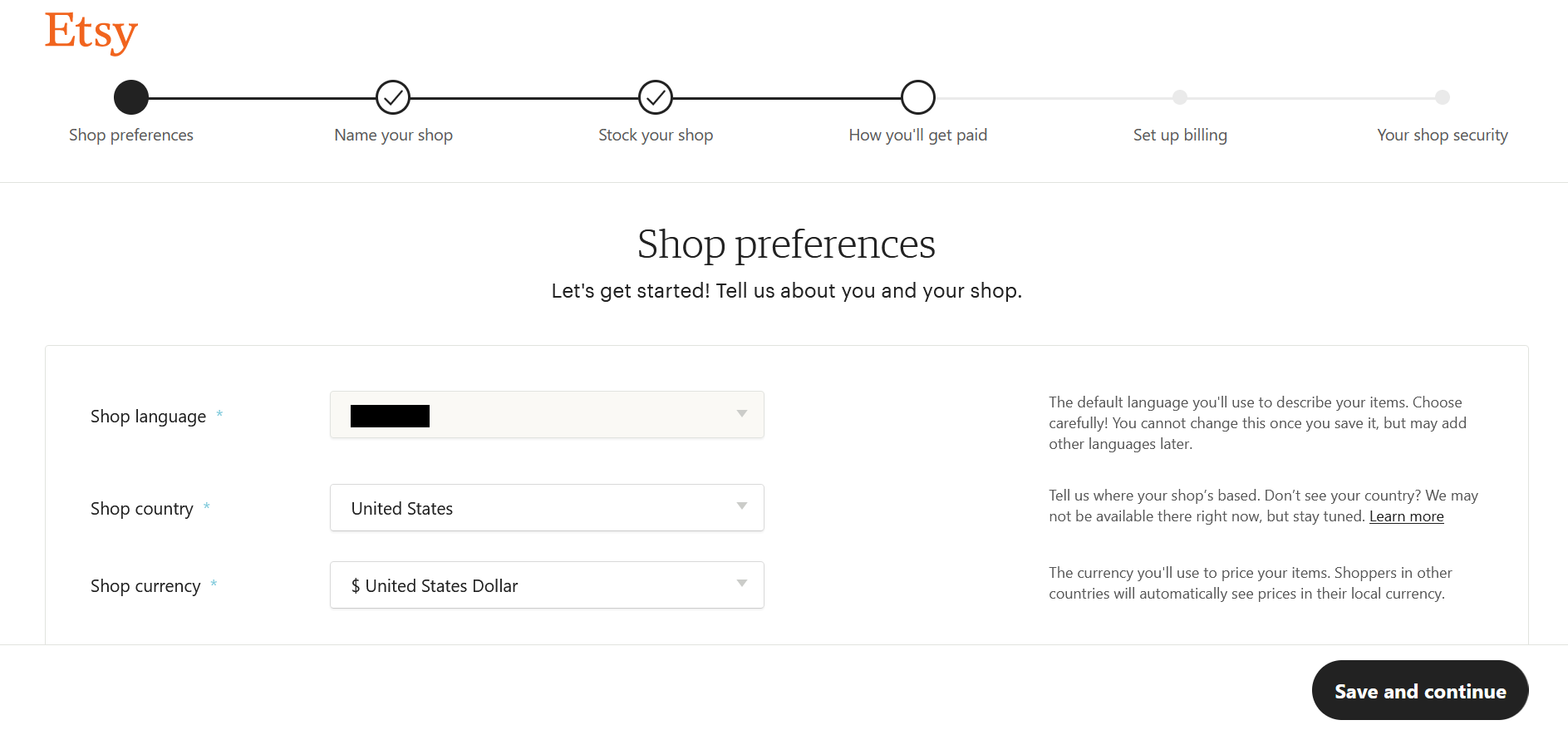 Screenshot of basic store settings of an Etsy store