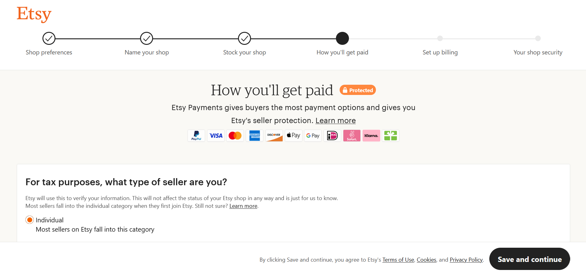 Screenshot of payment methods of an Etsy store