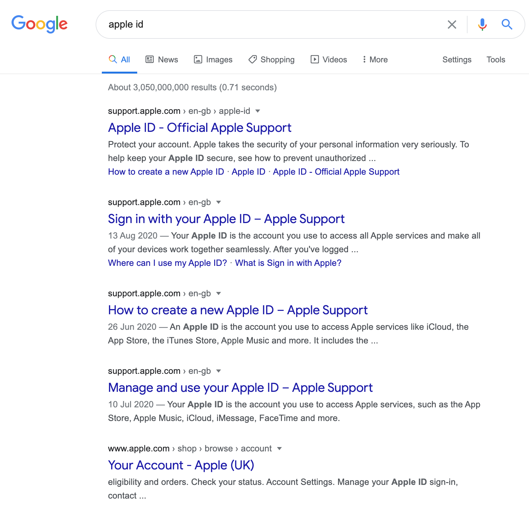 SERP Google search “apple id”