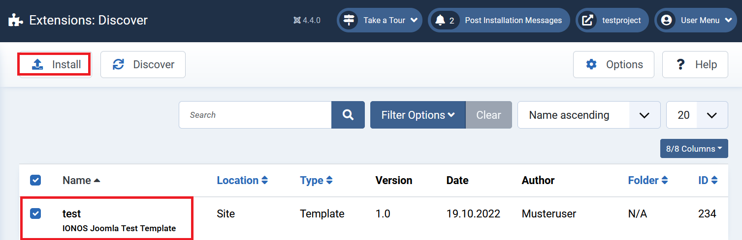 Joomla backend: Install and Check options in the Extensions menu