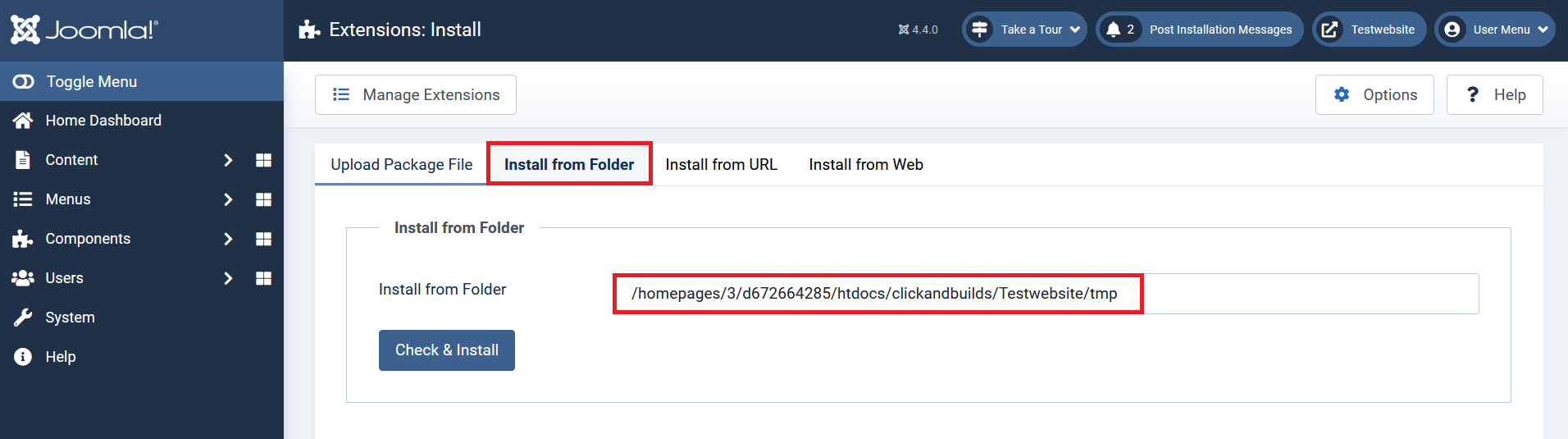 Joomla backend: Option to install from a folder