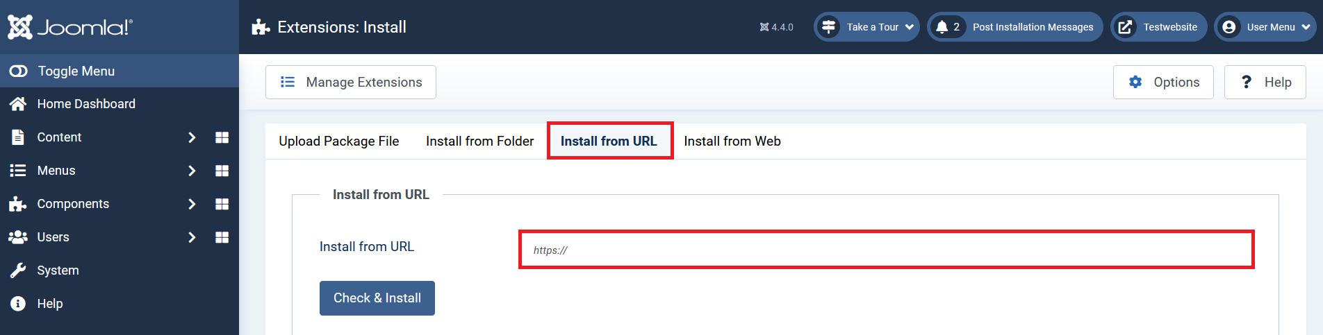 Joomla backend: Option to install template from URL