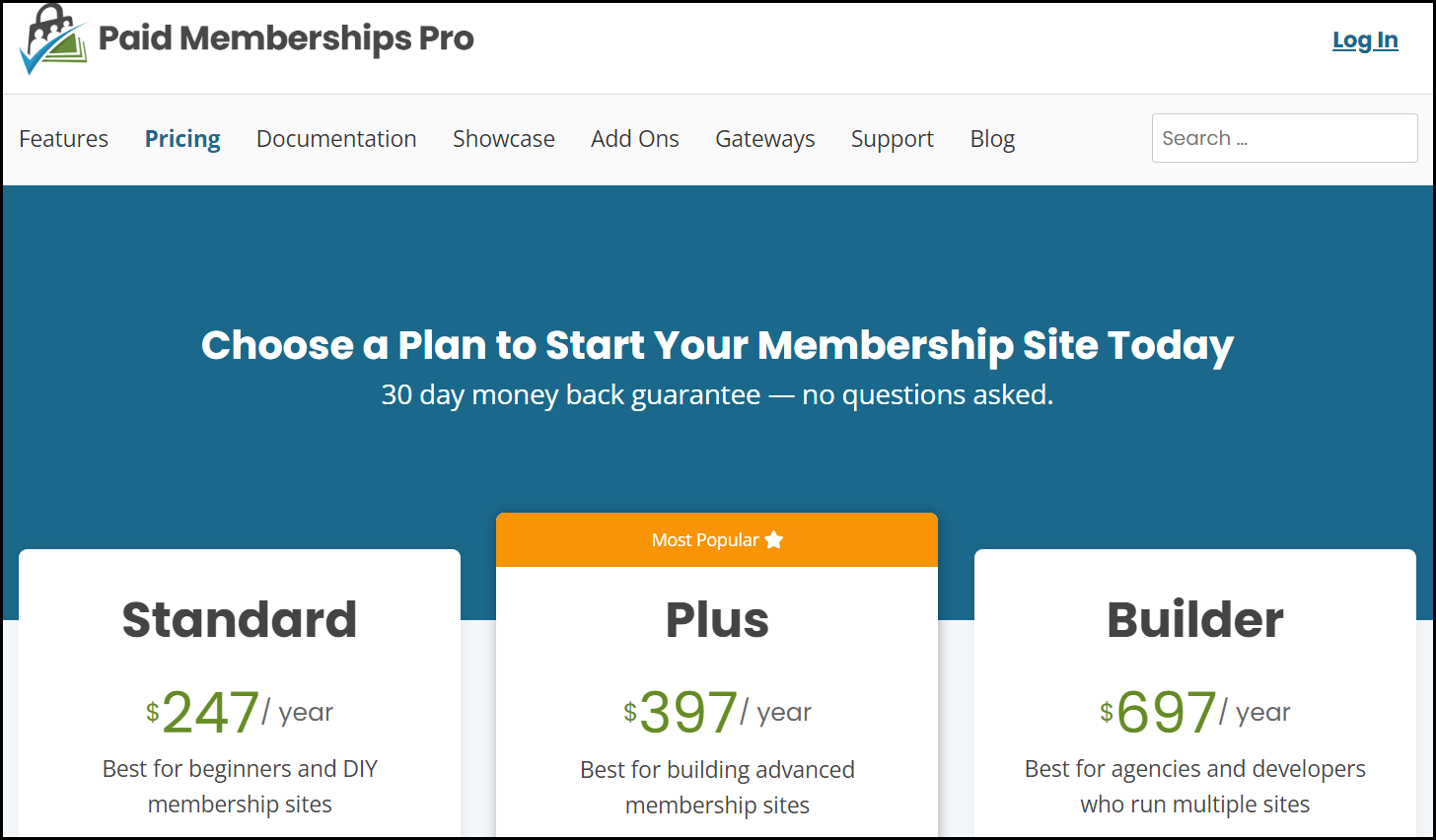 The Paid Membership Pro plugin WordPress website