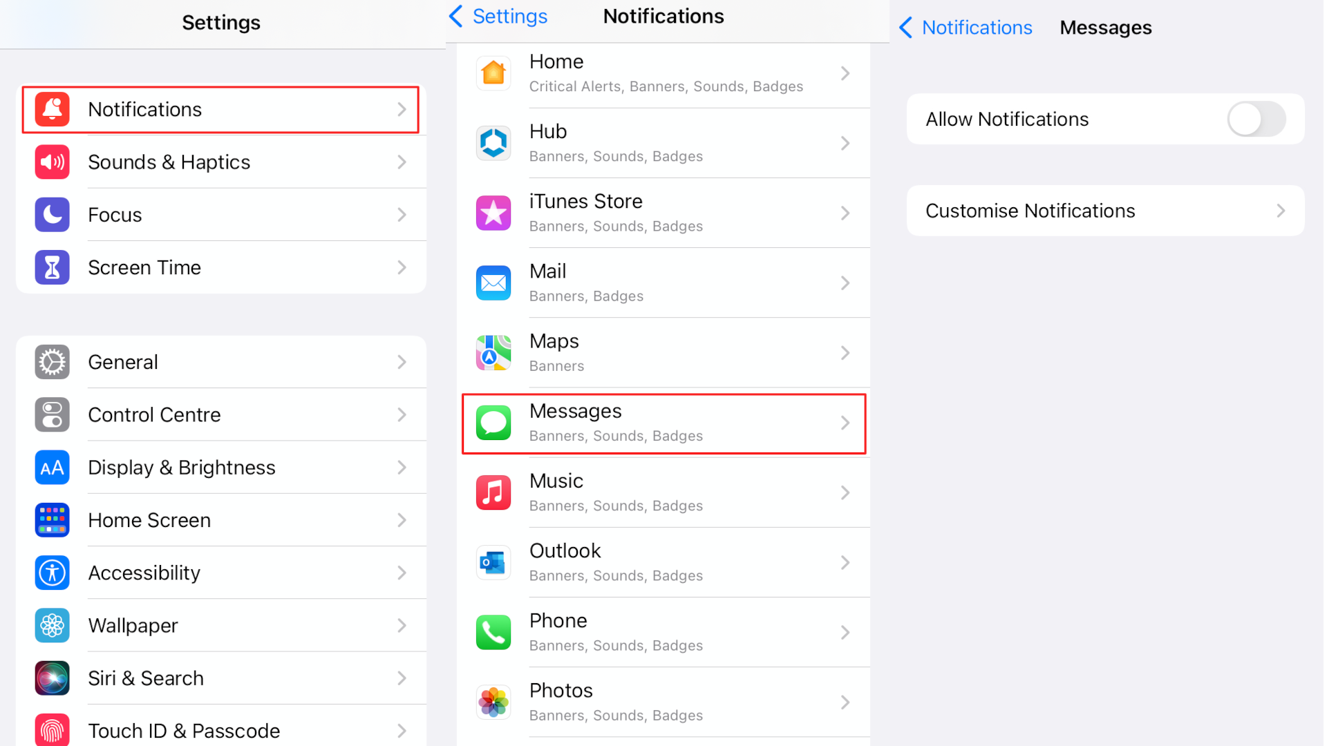 Three screenshots of app settings in iOS