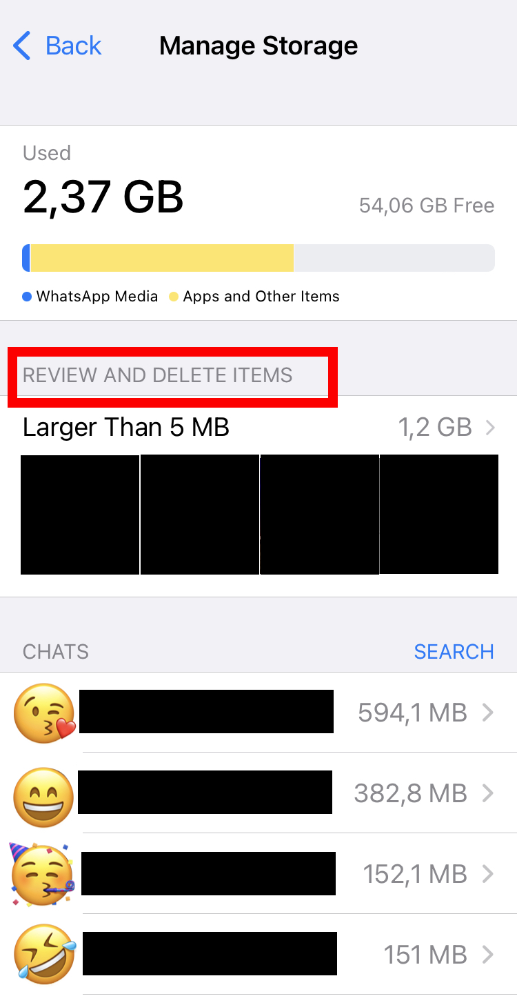 iPhone screenshot of how to manage storage in WhatsApp