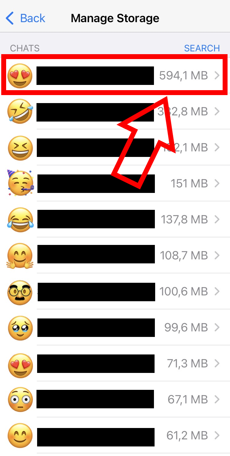 iPhone screenshot of managed storage focusing on contacts you exchange files with most