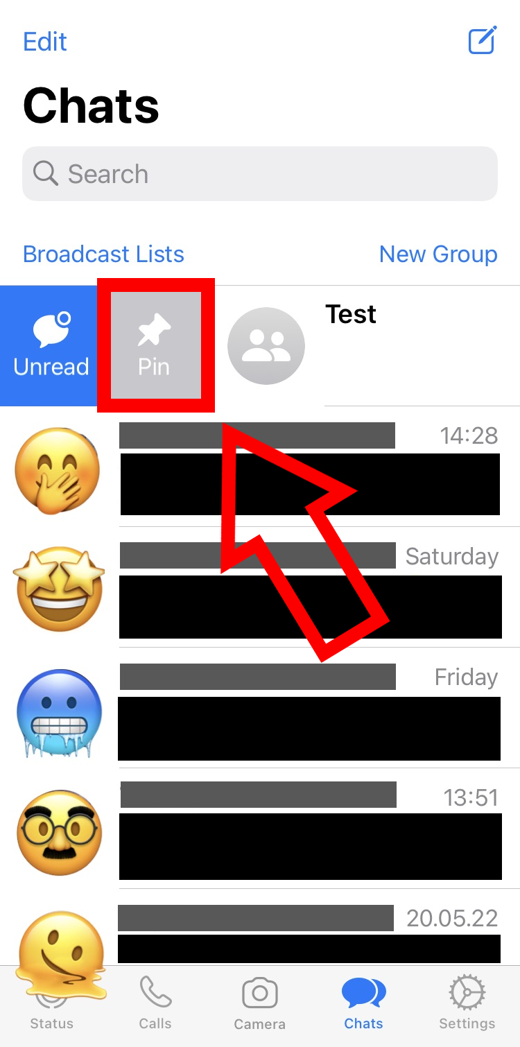 iPhone screenshot of a WhatsApp chat list showing the pin feature.