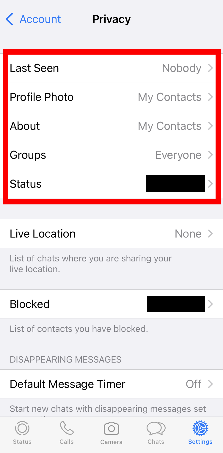 iPhone screenshot of WhatsApp privacy settings