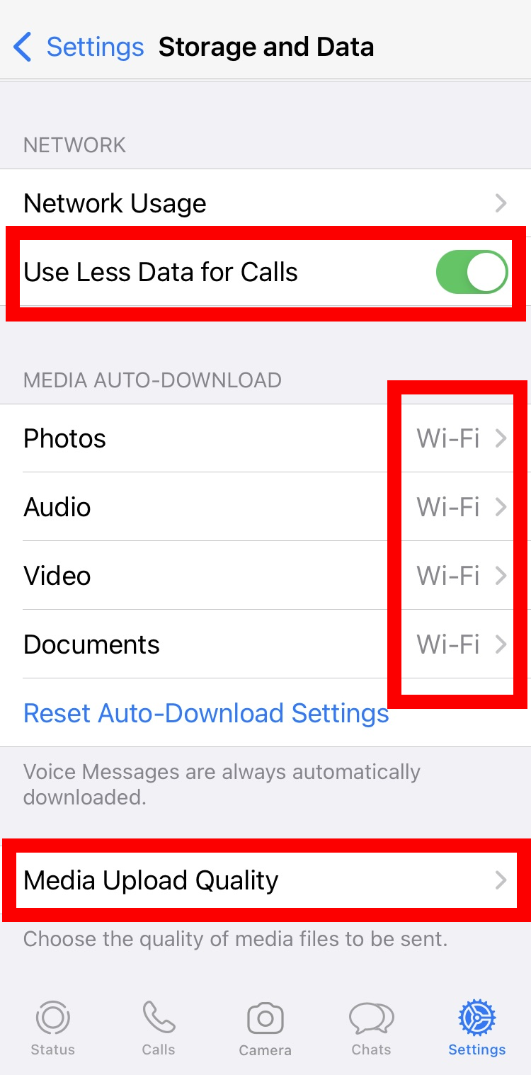iPhone screenshot of Storage and Data options in WhatsApp