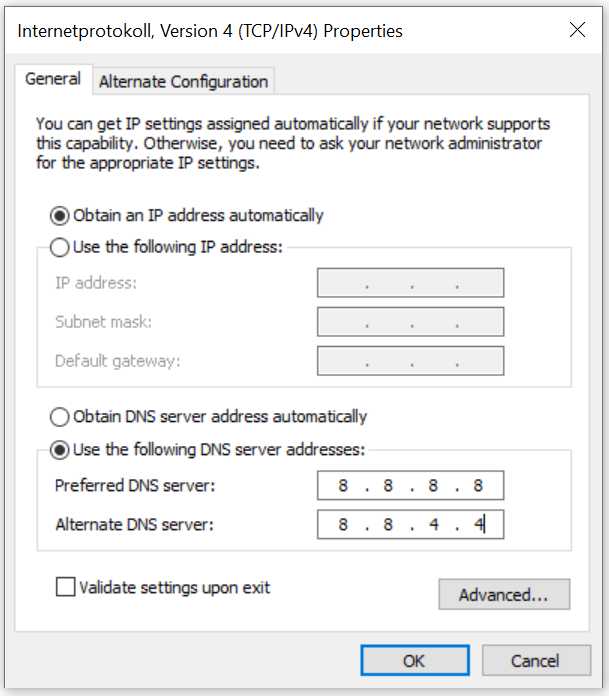 Windows 10: IPv4 properties