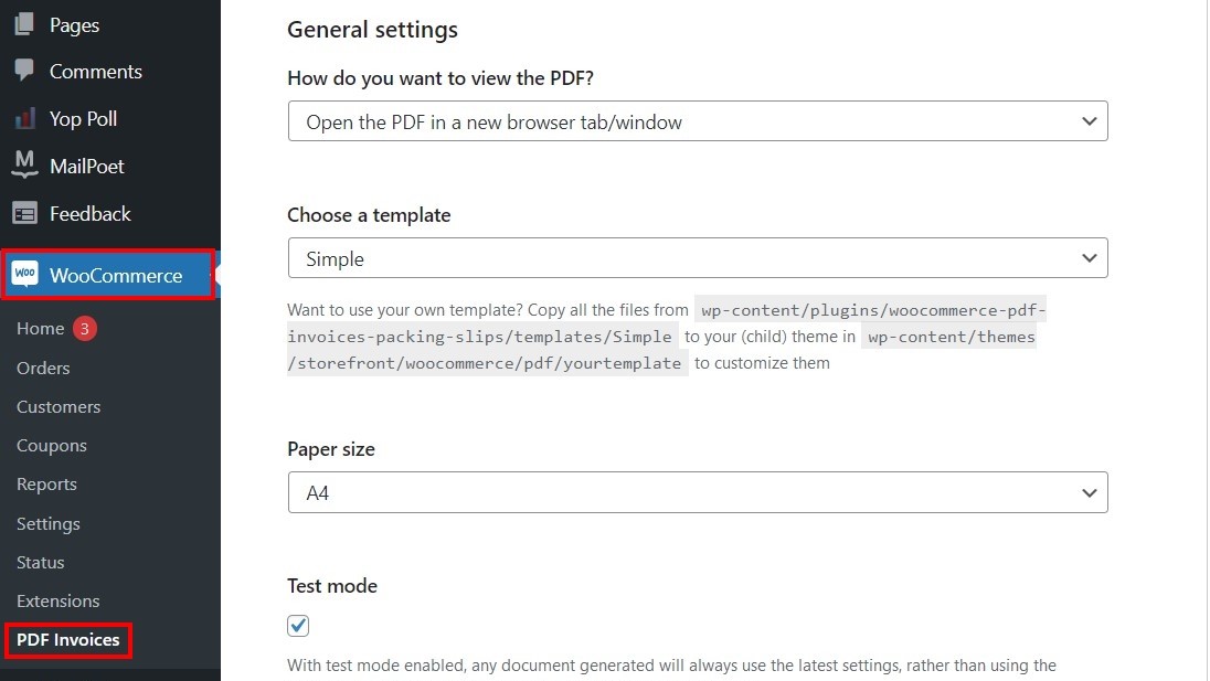 Screenshot of ‘General settings’ in the PDF Invoices plugin