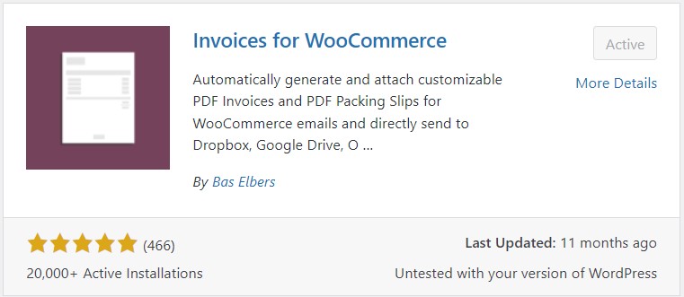 Screenshot of Invoices for WooCommerce in WordPress