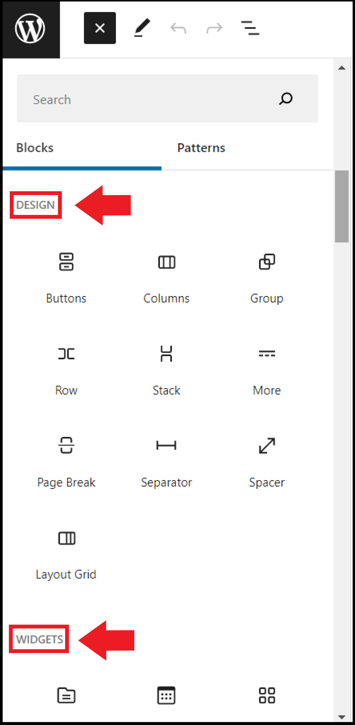 The ‘Design’ and ‘Widgets’ sections in the editor menu