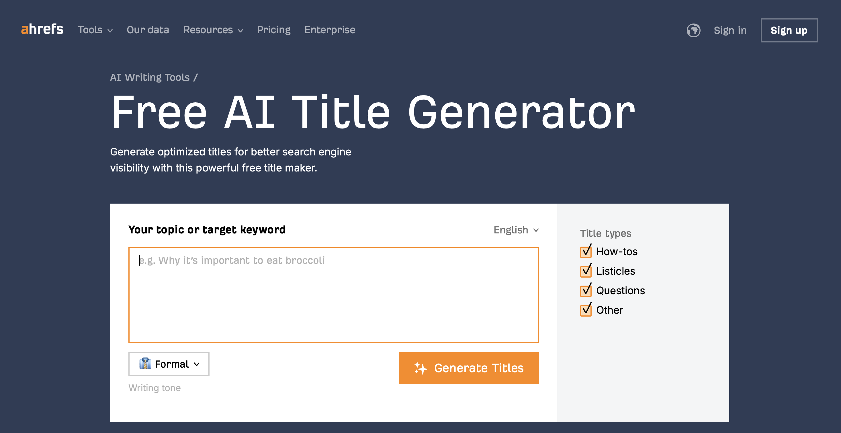 Free AI title generator from Ahrefs Image: Free AI title generator from Ahrefs