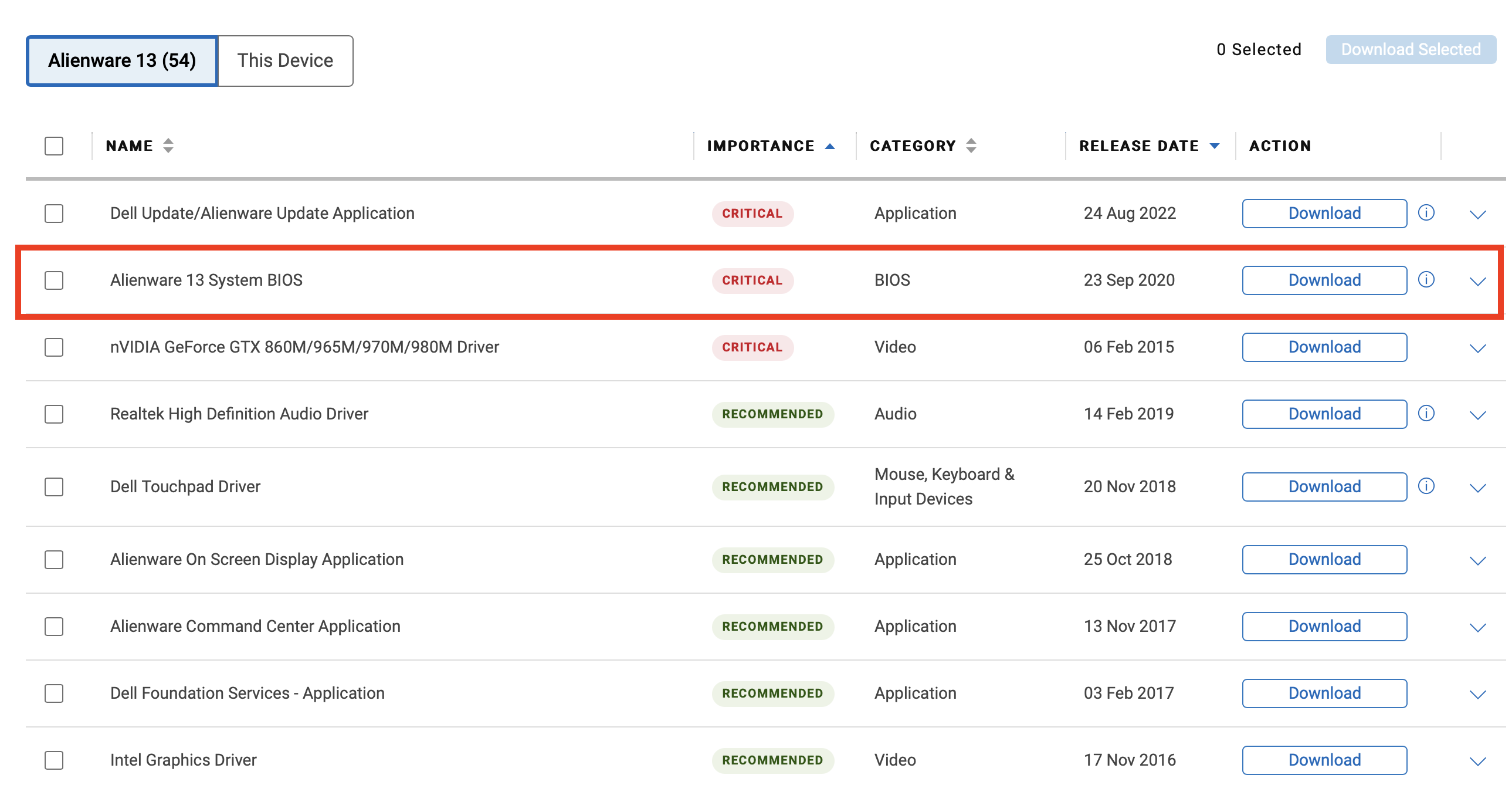 Dell website: Update list Image: Dell website: Update list