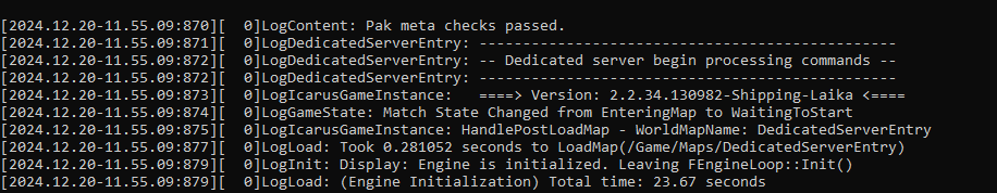 Icarus server: Success message Image: Icarus server: Success message