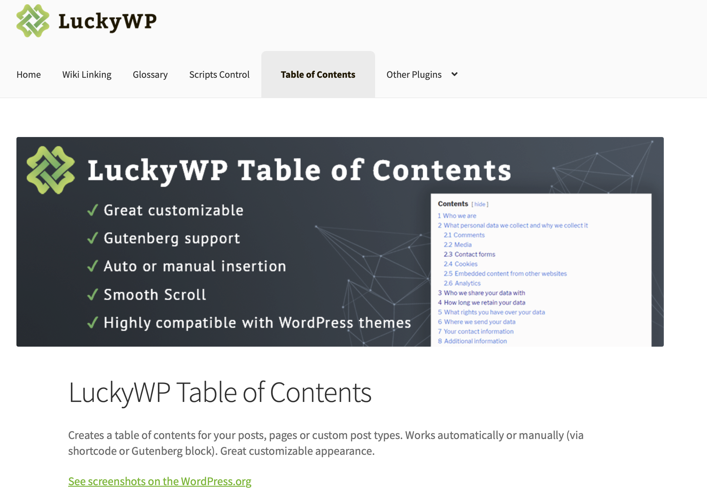 Information page for LuckyWP Table of Contents on the developer’s website Image: Information page for LuckyWP Table of Contents on the developer’s website