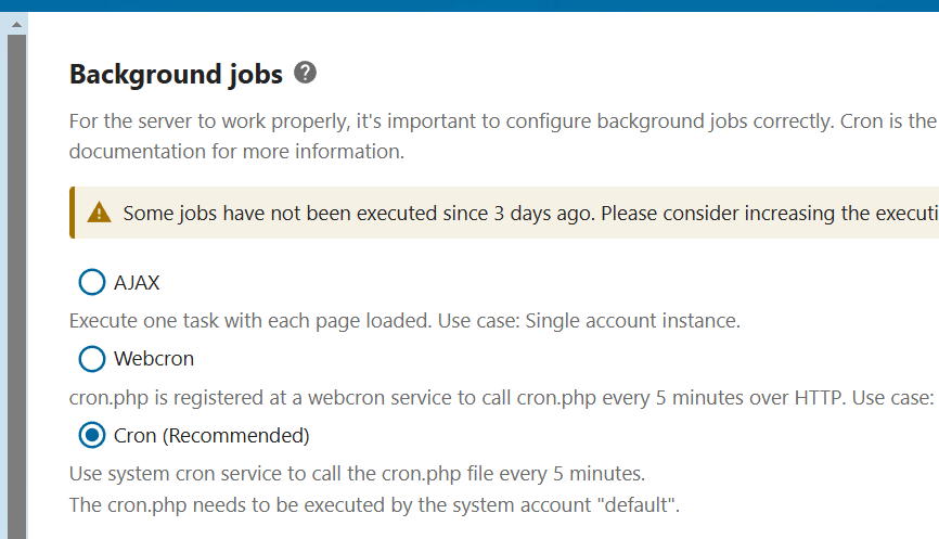 Nextcloud: ‘Background jobs’ menu Image: Nextcloud: ‘Background jobs’ menu