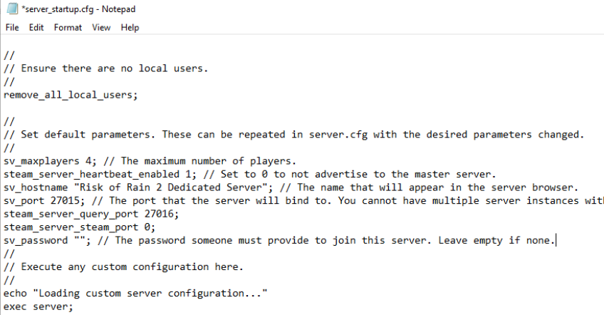 Screenshot of the configuration file for your Risk of Rain 2 dedicated server Image: Screenshot of the configuration file for your Risk of Rain 2 dedicated server
