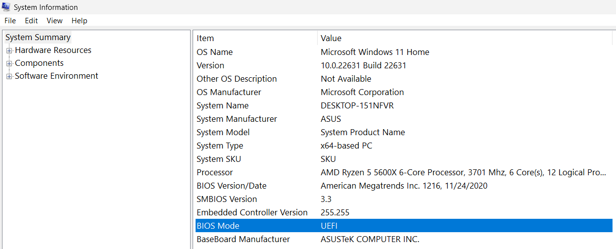 BIOS mode in the Windows 11 system overview BIOS mode in the Windows 11 system overview