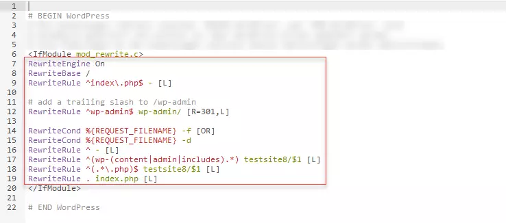 Image: The new .htaccess file with the replacement code from the WordPress backend