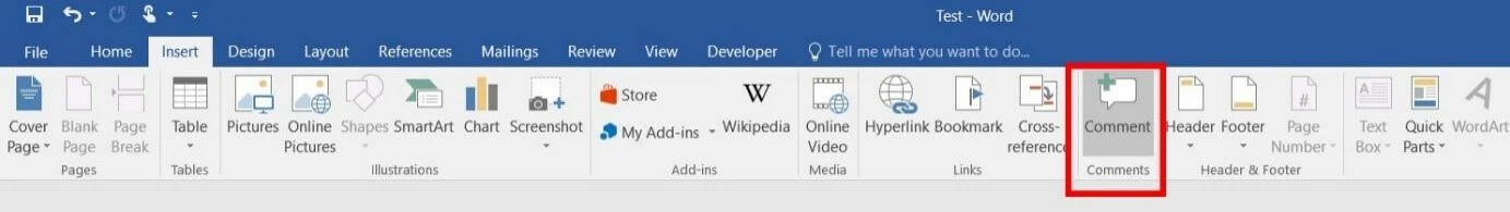 Word 2016: “Comment” button in the “Insert” ribbon