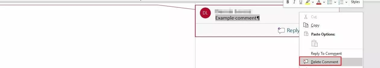 Deleting a comment in Word 2016