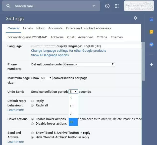 Image: Gmail cancellation period options