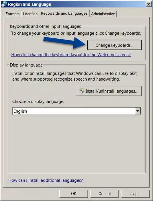 “Region and Language” menu and “Keyboards and Languages” tab