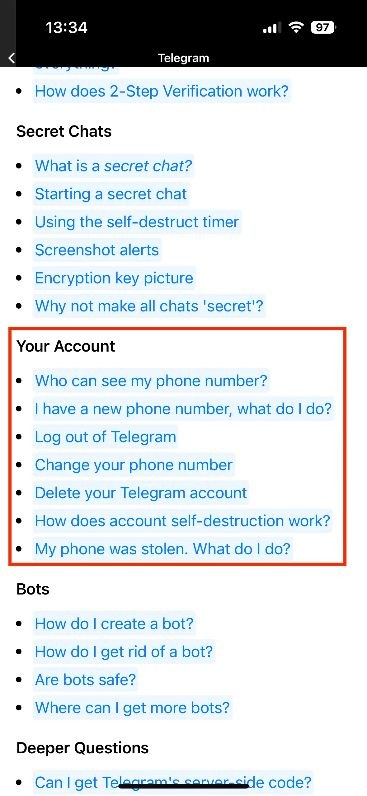 Image: Telegram app FAQ section with ‘Your Account’