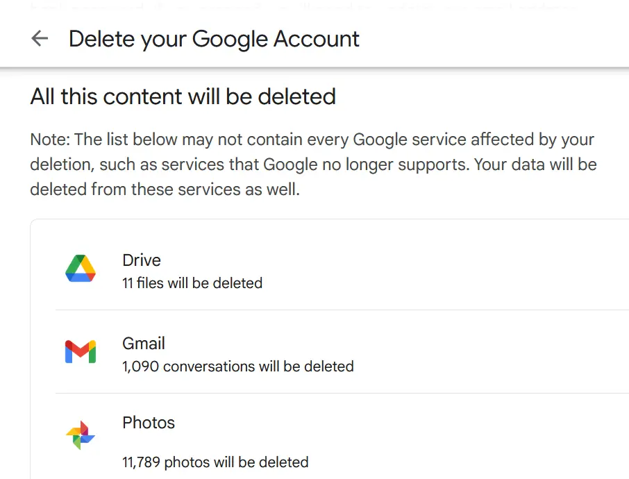 List of files and content that will be deleted when you close your Google account Image: List of files and content that will be deleted when you close your Google account