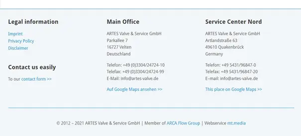 Screenshot of the footer from the industrial company ARTES Valve & Service GmbH Image: Screenshot of the footer from the industrial company ARTES Valve & Service GmbH