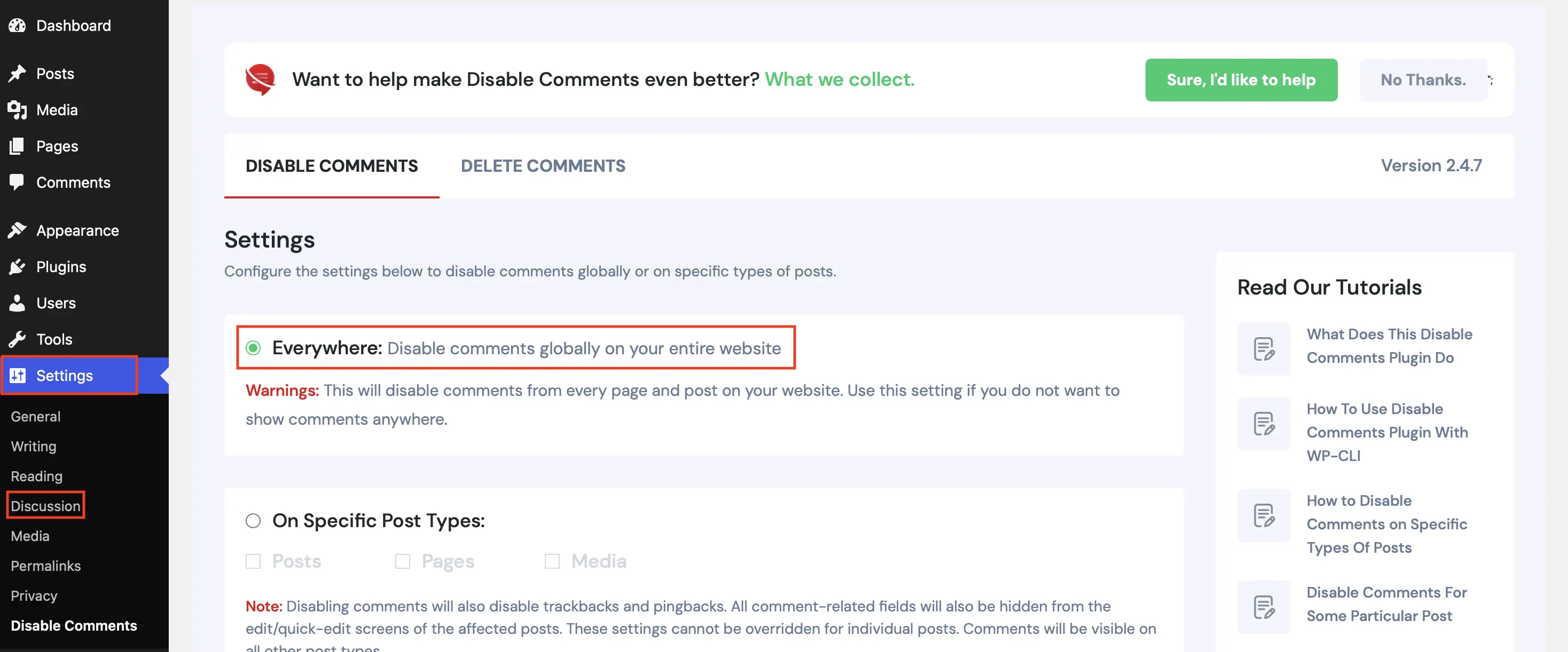 Backend of the ‘Disable Comments’ plugin with settings for turning off comments Image: Backend of the ‘Disable Comments’ plugin with settings for turning off comments