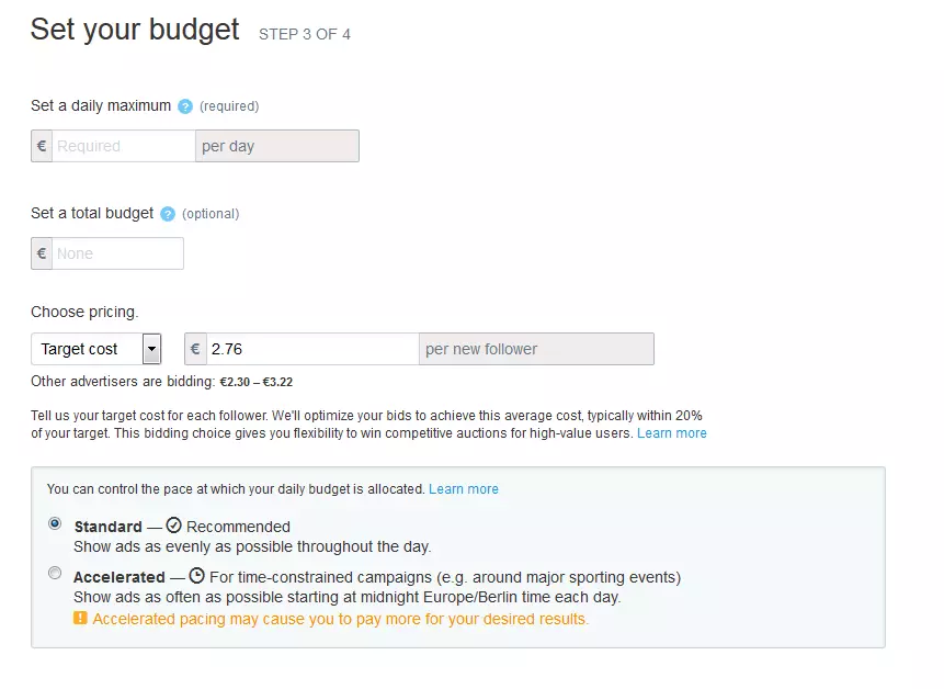 Image: Screenshot of the ‘Set your budget’ by the creation of a campaign with Twitter Ads