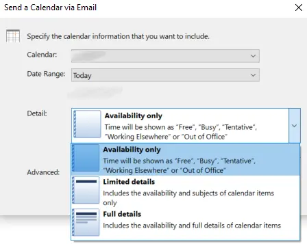Image: Outlook: Select the level of detail in the ‘Send a Calendar via Email’ dialog box