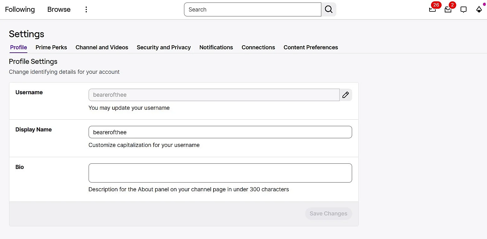 Image: Profile settings on Twitch