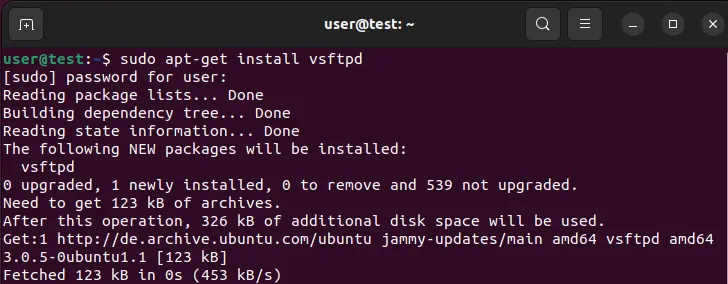 Ubuntu 22.04: vsftpd installation in the terminal Image: Ubuntu 22.04: vsftpd installation in the terminal